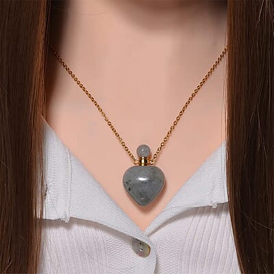 Malagasy Labradorite Perfume Heart Bottle Necklace 22 Inches in ION Plated Yellow Gold Stainless Steel 8.00 ctw