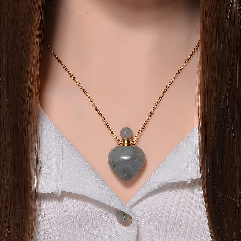 Malagasy Labradorite Perfume Heart Bottle Necklace 22 Inches in ION Plated Yellow Gold Stainless Steel 8.00 ctw