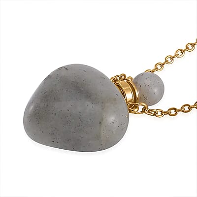 Malagasy Labradorite Perfume Heart Bottle Necklace 22 Inches in ION Plated Yellow Gold Stainless Steel 8.00 ctw