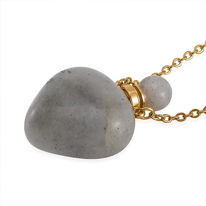 Malagasy Labradorite Perfume Heart Bottle Necklace 22 Inches in ION Plated Yellow Gold Stainless Steel 8.00 ctw