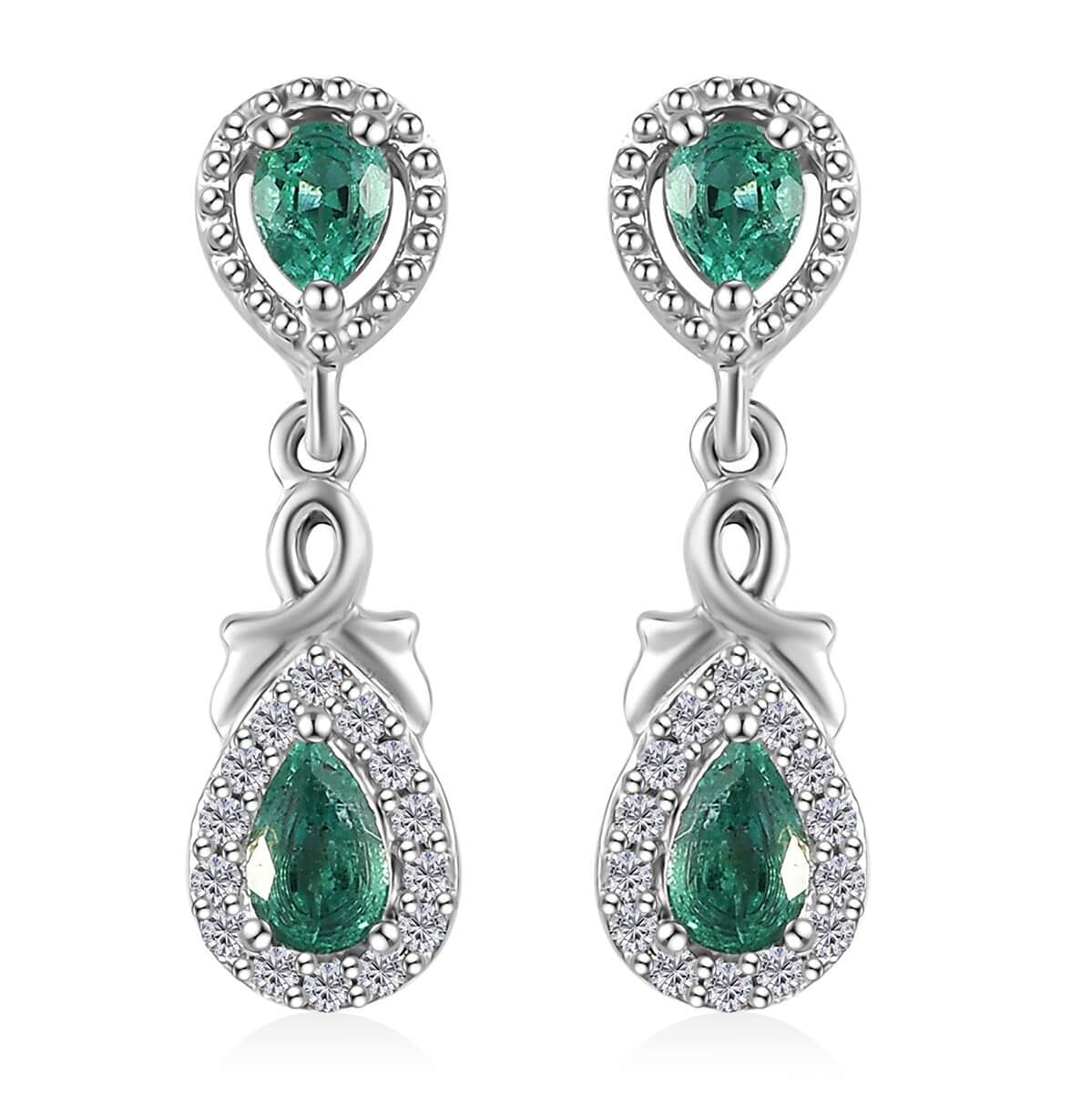 AAA Kagem Zambian Emerald and Moissanite Dangle Earrings in Platinum Over Sterling Silver 0.90 ctw image number 0