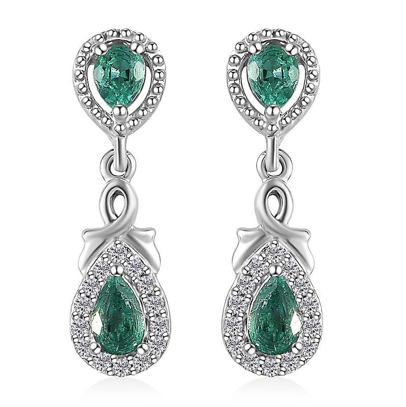 D'Joy AAA Kagem Zambian Emerald and Moissanite Dangle Earrings in Platinum Over Sterling Silver 0.90 ctw