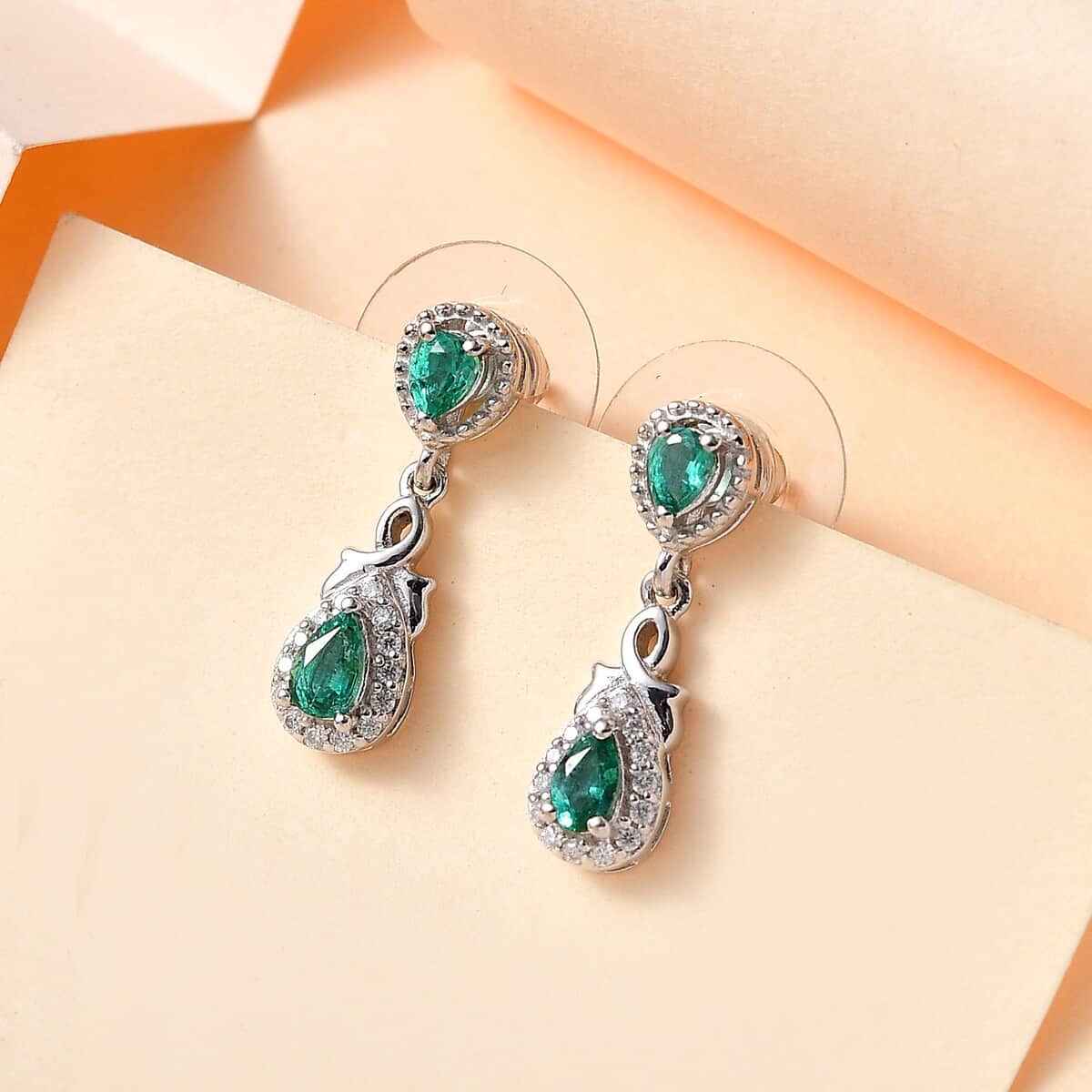 AAA Kagem Zambian Emerald and Moissanite Dangle Earrings in Platinum Over Sterling Silver 0.90 ctw image number 1