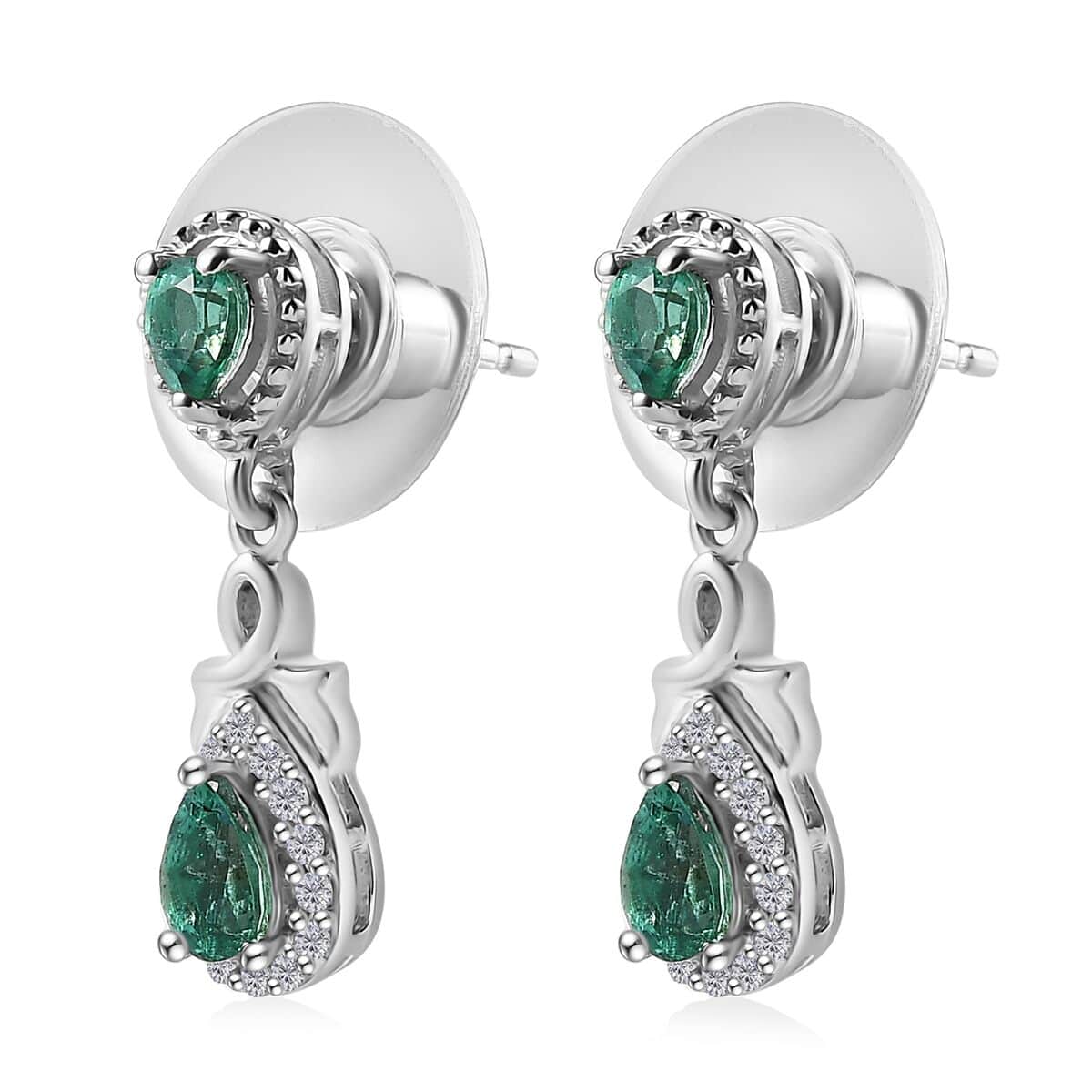 AAA Kagem Zambian Emerald and Moissanite Dangle Earrings in Platinum Over Sterling Silver 0.90 ctw image number 3