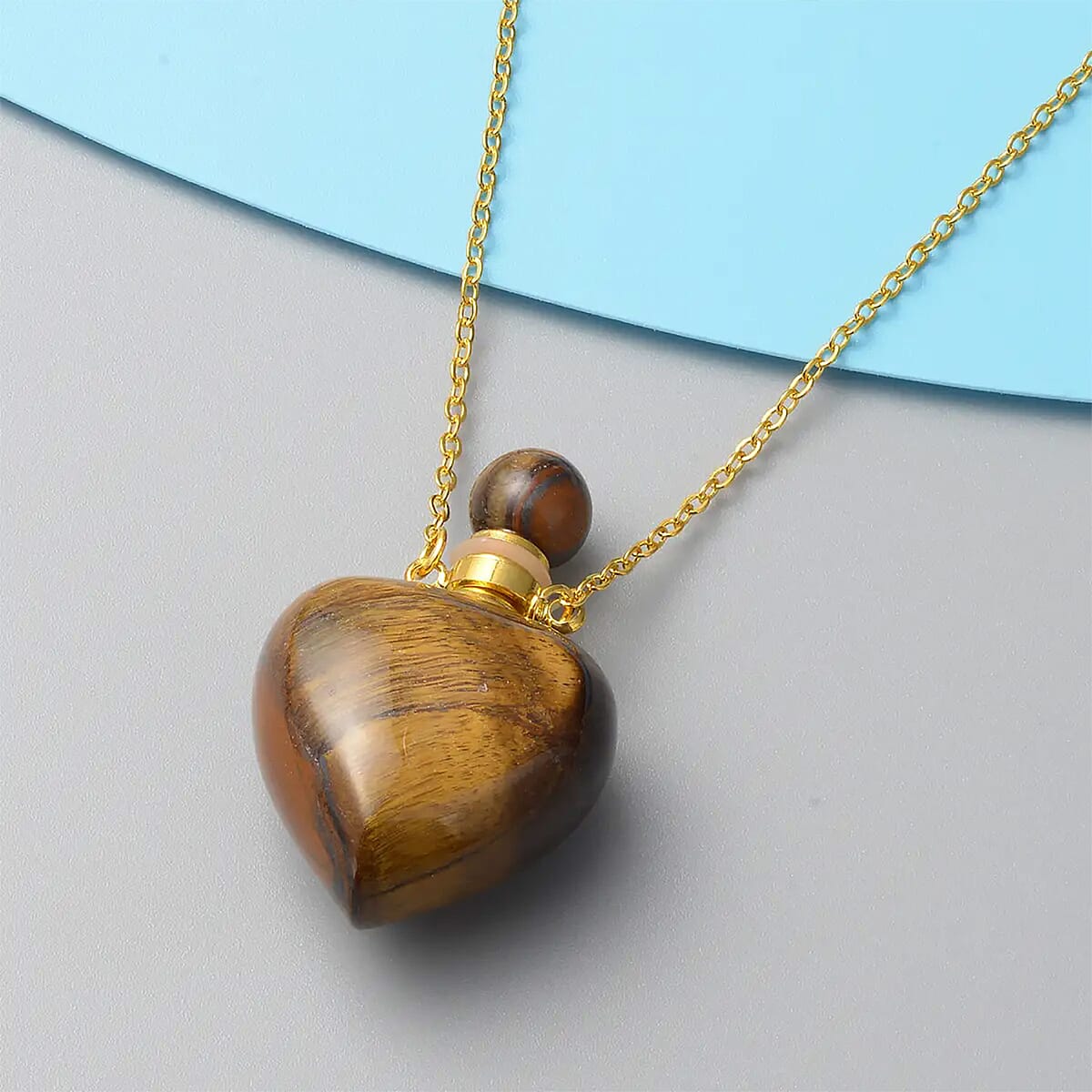 Yellow Tigers Eye Perfume Heart Bottle Necklace 22 Inches in ION Plated Yellow Gold Stainless Steel 8.00 ctw image number 1