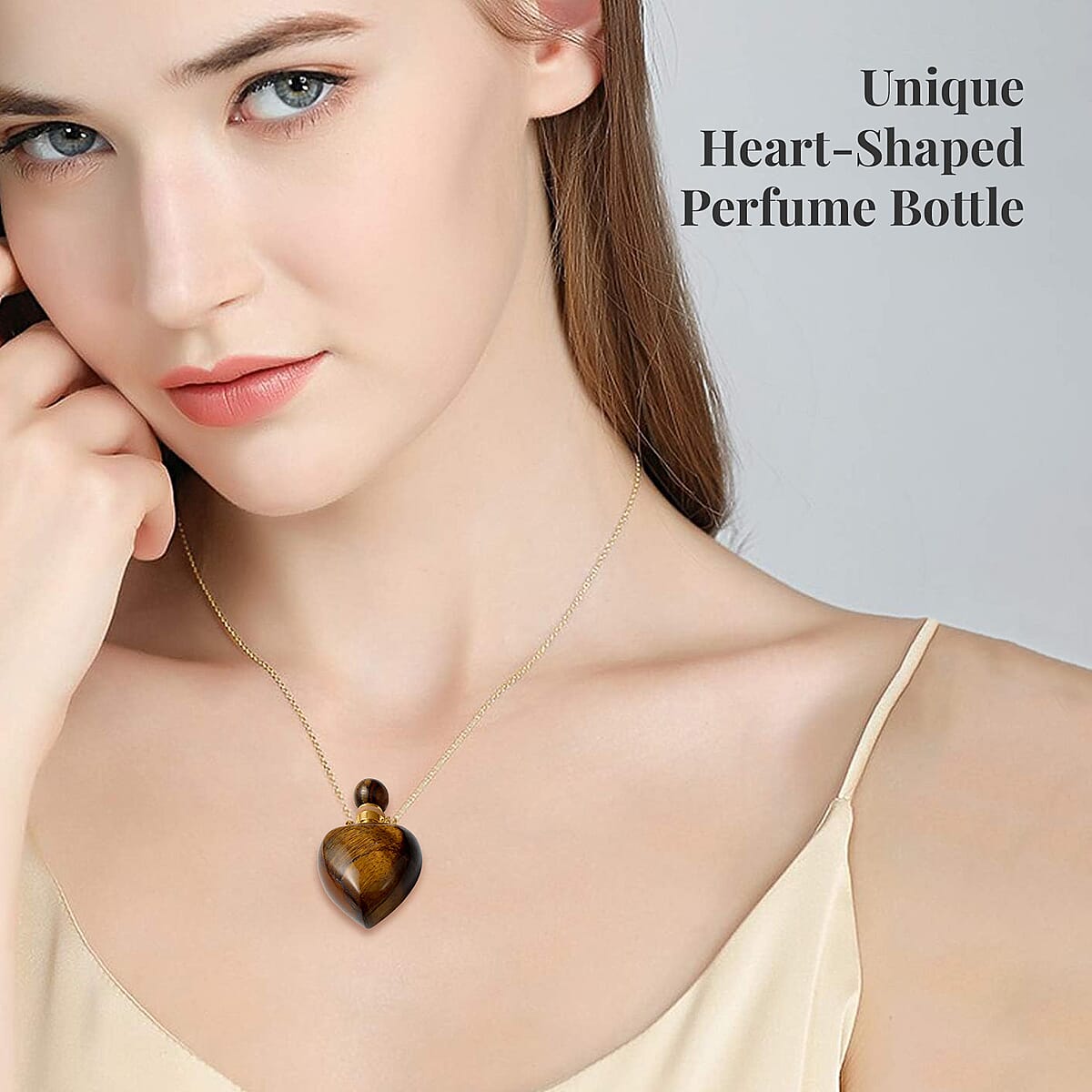 Yellow Tigers Eye Perfume Heart Bottle Necklace 22 Inches in ION Plated Yellow Gold Stainless Steel 8.00 ctw image number 2