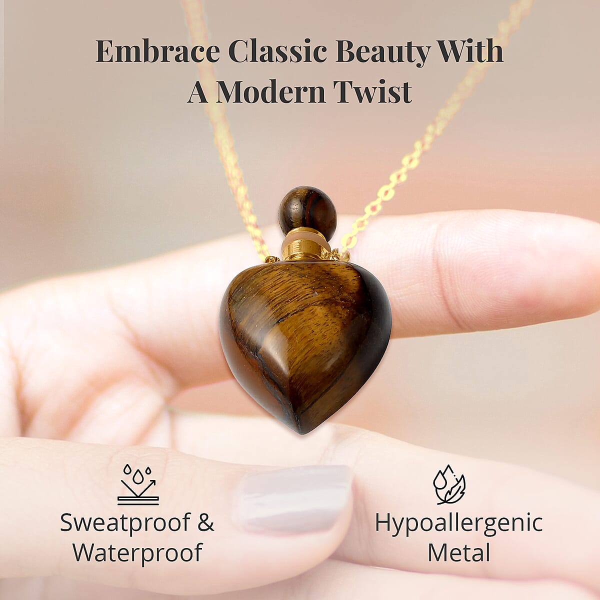 Yellow Tigers Eye Perfume Heart Bottle Necklace 22 Inches in ION Plated Yellow Gold Stainless Steel 8.00 ctw image number 3