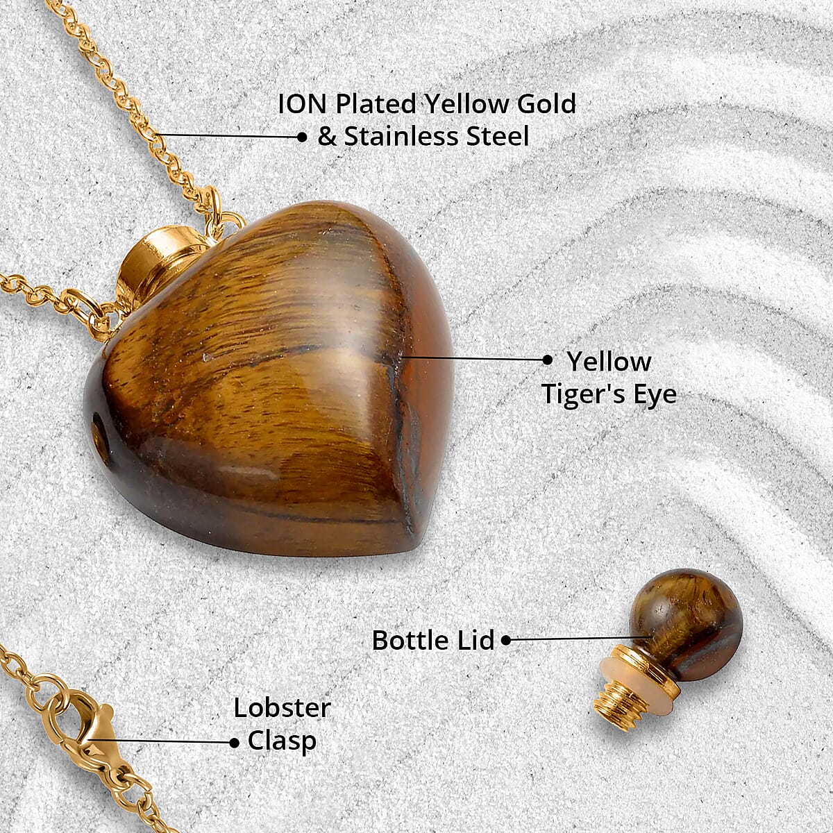 Yellow Tigers Eye Perfume Heart Bottle Necklace 22 Inches in ION Plated Yellow Gold Stainless Steel 8.00 ctw image number 4