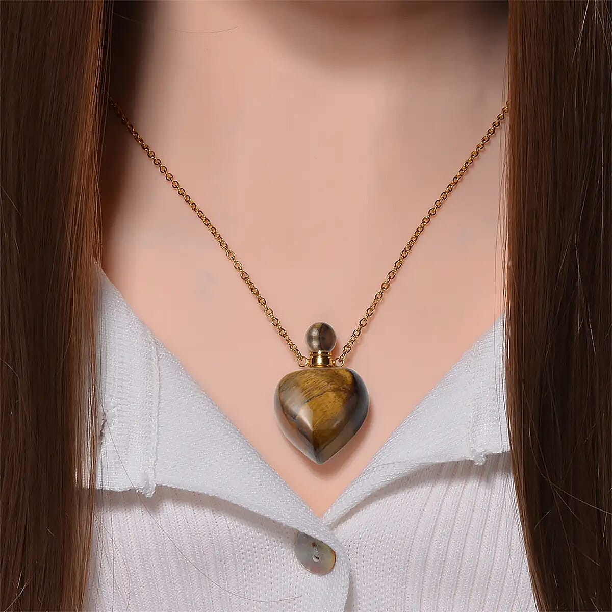 Yellow Tigers Eye Perfume Heart Bottle Necklace 22 Inches in ION Plated Yellow Gold Stainless Steel 8.00 ctw image number 8