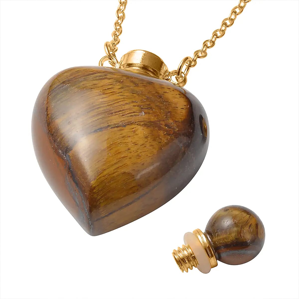 Yellow Tigers Eye Perfume Heart Bottle Necklace 22 Inches in ION Plated Yellow Gold Stainless Steel 8.00 ctw image number 9