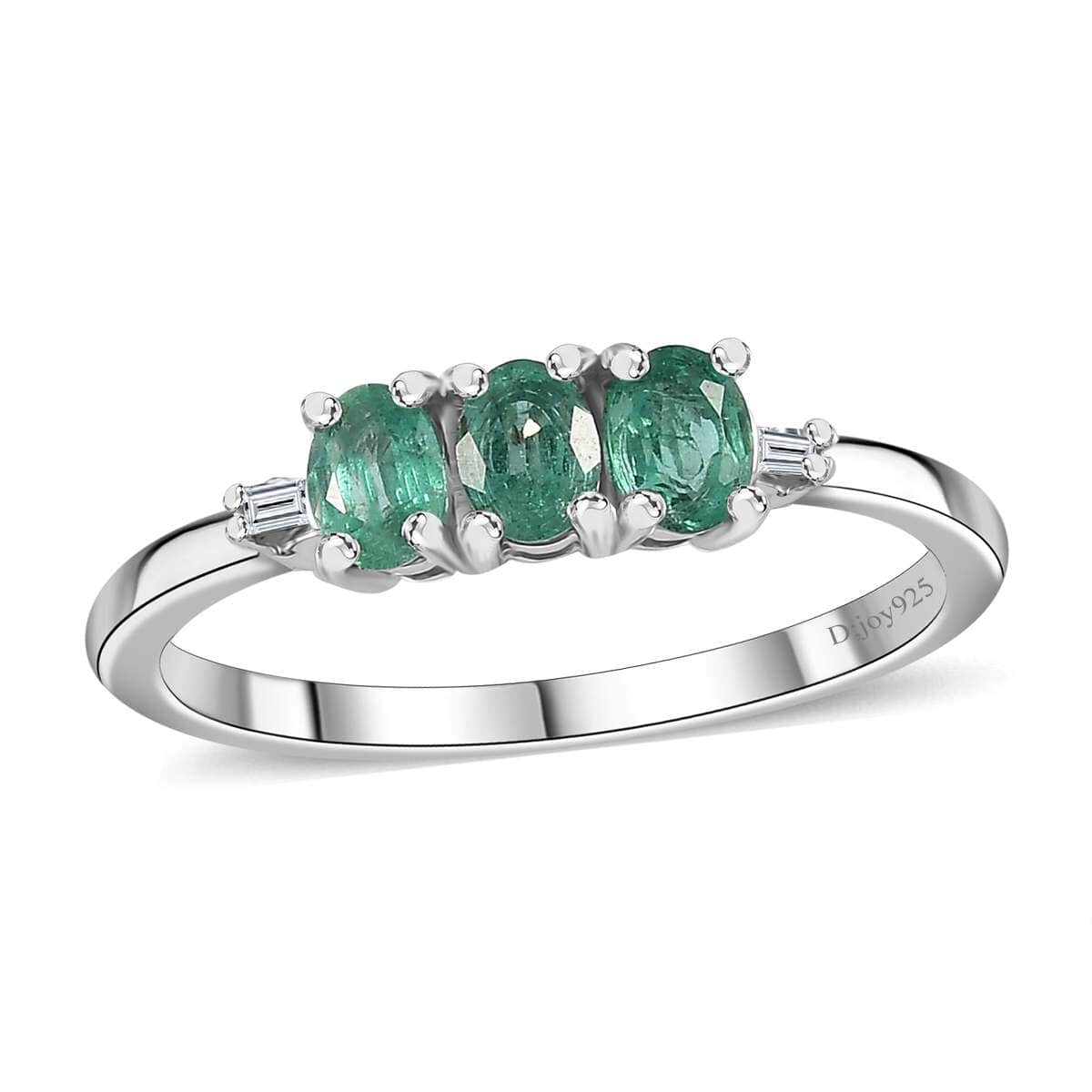 AAA Kagem Zambian Emerald and Diamond Accent Trilogy Ring in Platinum Over Sterling Silver 0.50 ctw (Del. in 8-10 Days) image number 0
