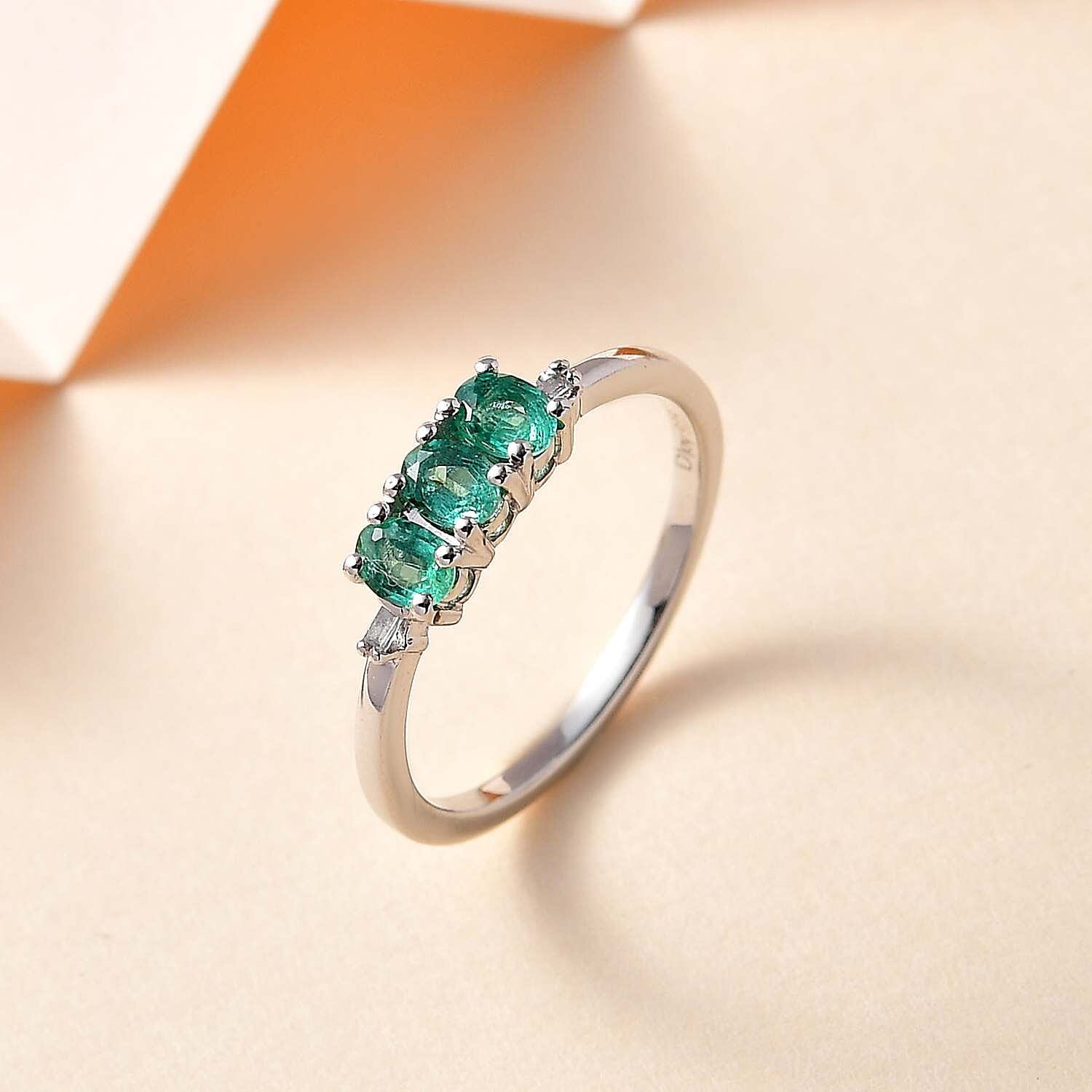 AAA Kagem Zambian Emerald and Diamond Accent Trilogy Ring in Platinum Over Sterling Silver (Size 10.0) 0.50 ctw