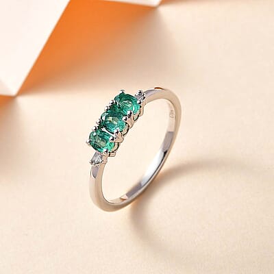 AAA Kagem Zambian Emerald and Diamond Accent Trilogy Ring in Platinum Over Sterling Silver (Size 10.0) 0.50 ctw