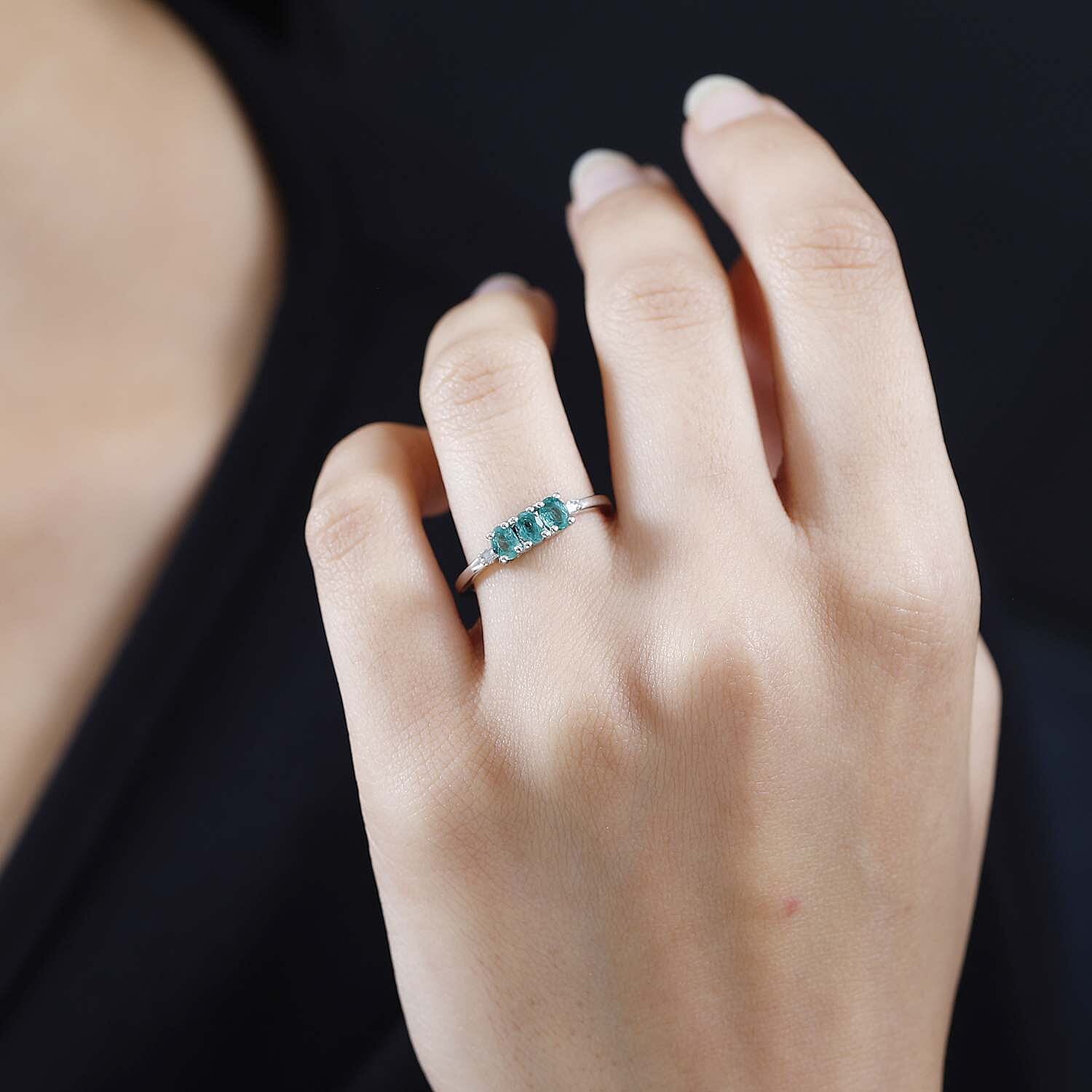 AAA Kagem Zambian Emerald and Diamond Accent Trilogy Ring in Platinum Over Sterling Silver (Size 10.0) 0.50 ctw
