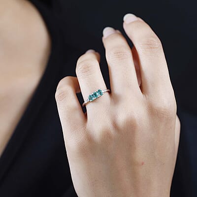 AAA Kagem Zambian Emerald and Diamond Accent Trilogy Ring in Platinum Over Sterling Silver (Size 10.0) 0.50 ctw