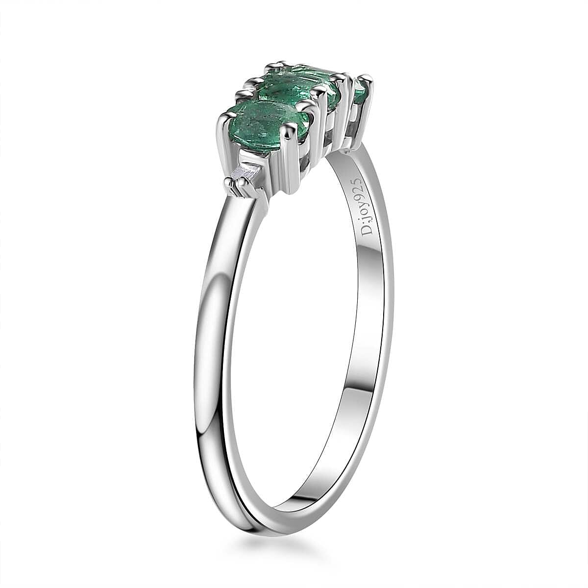AAA Kagem Zambian Emerald and Diamond Accent Trilogy Ring in Platinum Over Sterling Silver (Size 10.0) 0.50 ctw