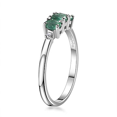 AAA Kagem Zambian Emerald and Diamond Accent Trilogy Ring in Platinum Over Sterling Silver (Size 10.0) 0.50 ctw