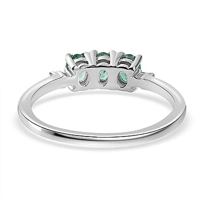 AAA Kagem Zambian Emerald and Diamond Accent Trilogy Ring in Platinum Over Sterling Silver (Size 10.0) 0.50 ctw