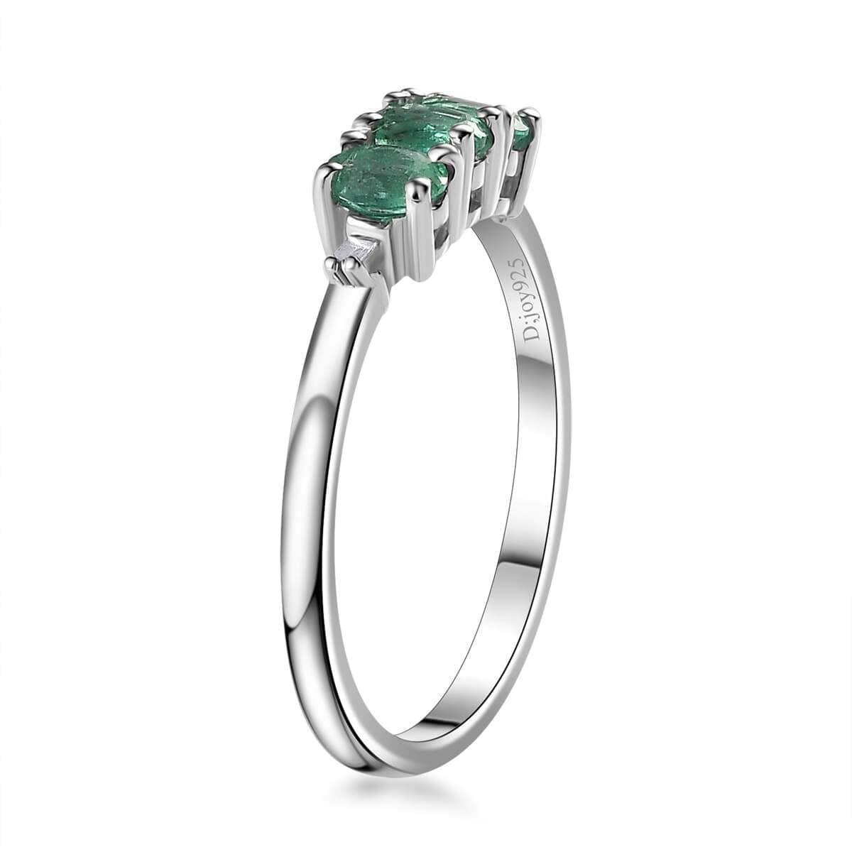 AAA Kagem Zambian Emerald and Diamond Accent Trilogy Ring in Platinum Over Sterling Silver (Size 6.0) 0.50 ctw image number 3