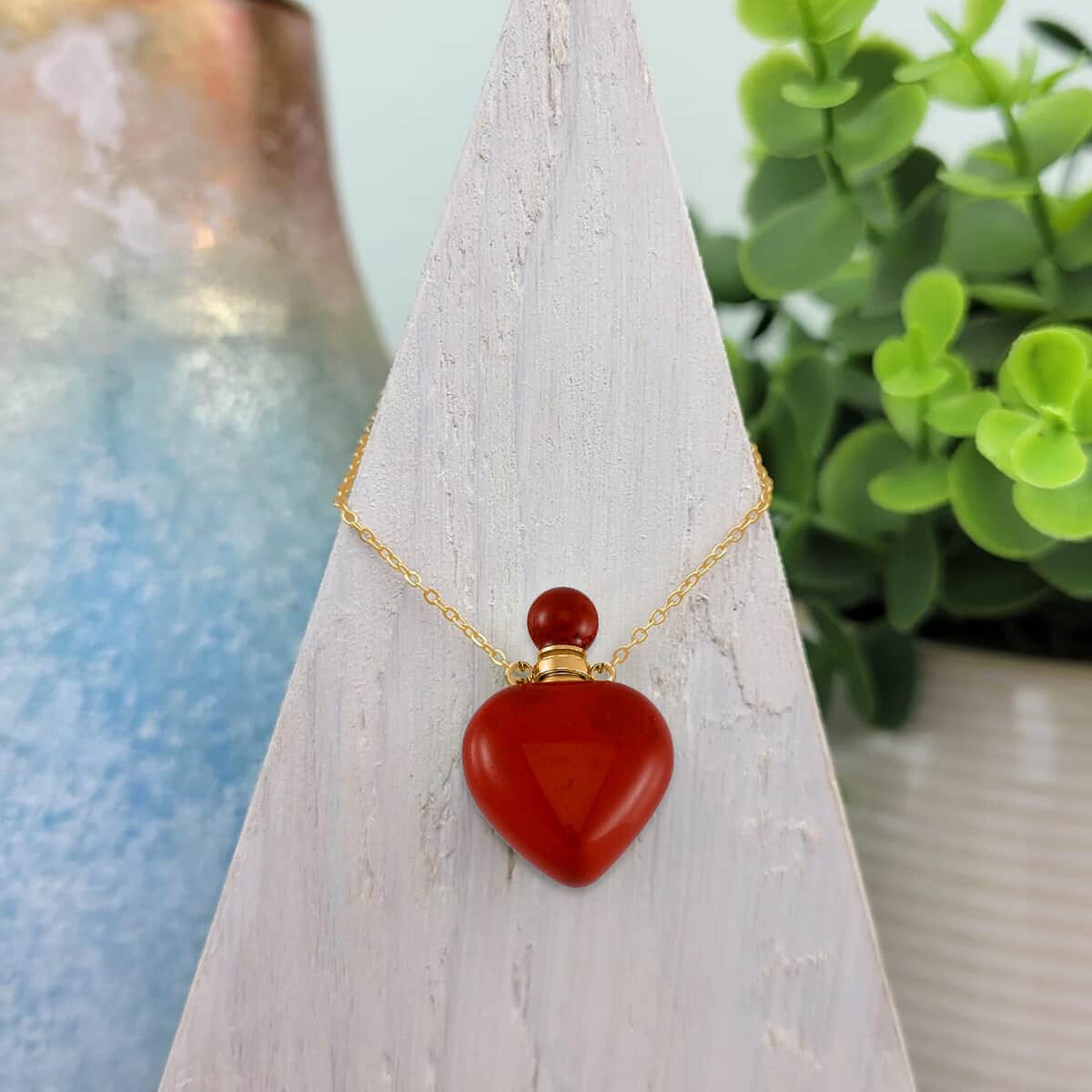 Red Jasper Perfume Heart Bottle Necklace 22 Inches in ION Plated Yellow Gold Stainless Steel 8.00 ctw image number 1