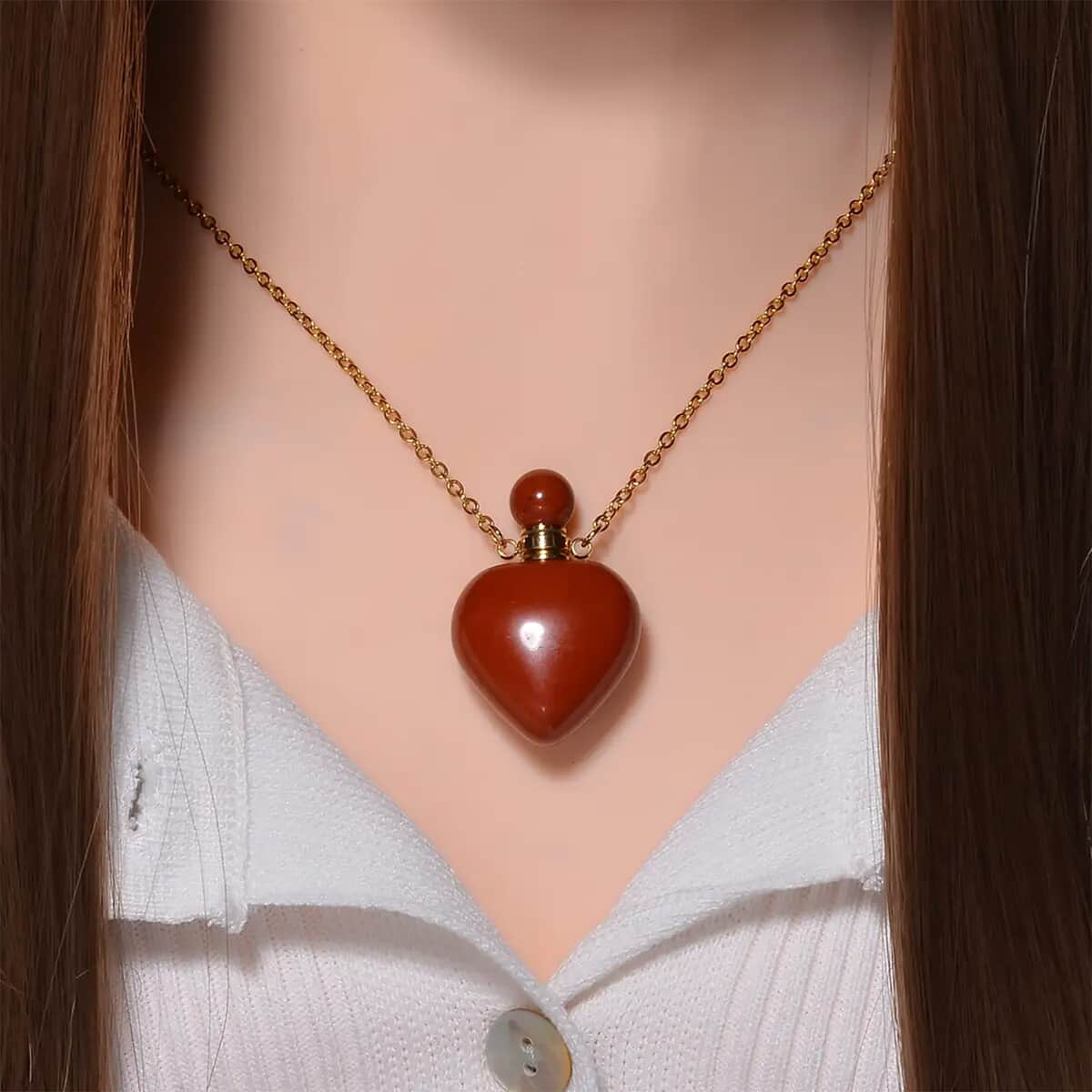 Red Jasper Perfume Heart Bottle Necklace 22 Inches in ION Plated Yellow Gold Stainless Steel 8.00 ctw image number 8