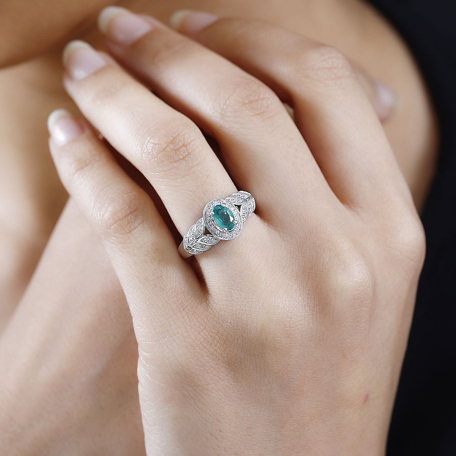 AAA Kagem Zambian Emerald and White Zircon Halo Ring in Platinum Over Sterling Silver (Size 6.0) 0.75 ctw