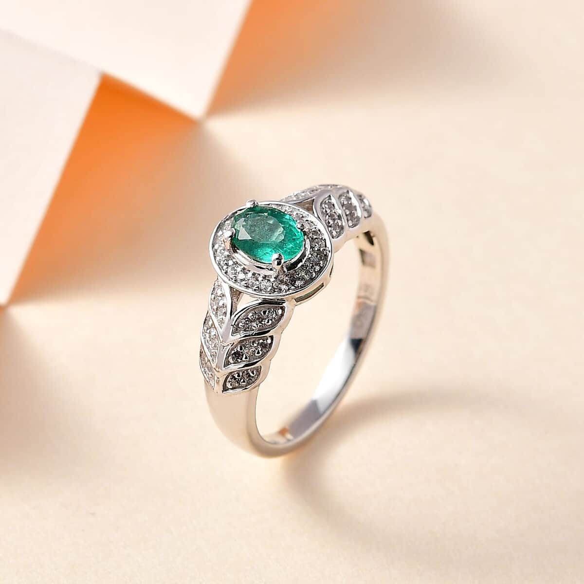AAA Kagem Zambian Emerald and White Zircon Halo Ring in Platinum Over Sterling Silver (Size 7.0) 0.75 ctw image number 1