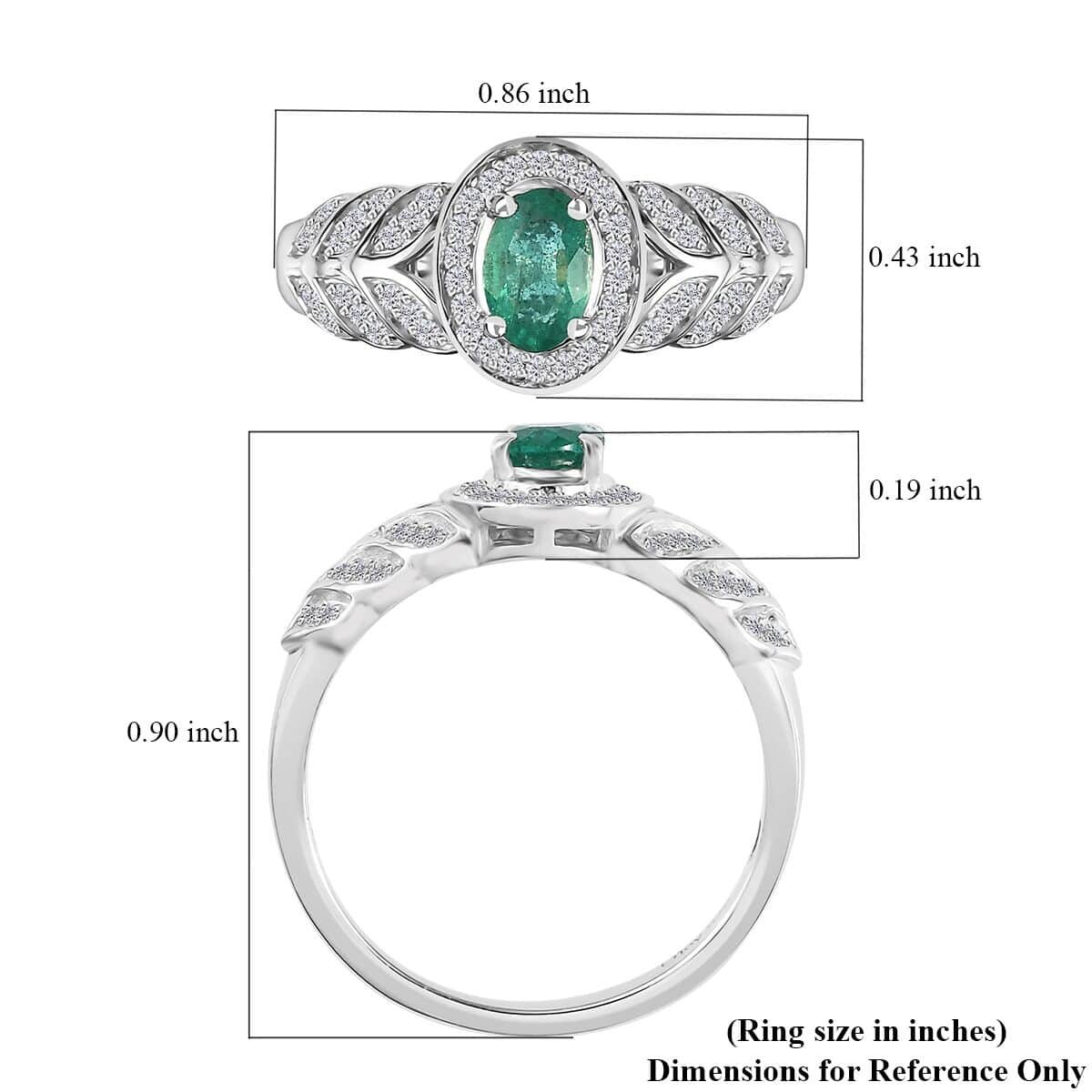 AAA Kagem Zambian Emerald and White Zircon Halo Ring in Platinum Over Sterling Silver (Size 7.0) 0.75 ctw image number 5