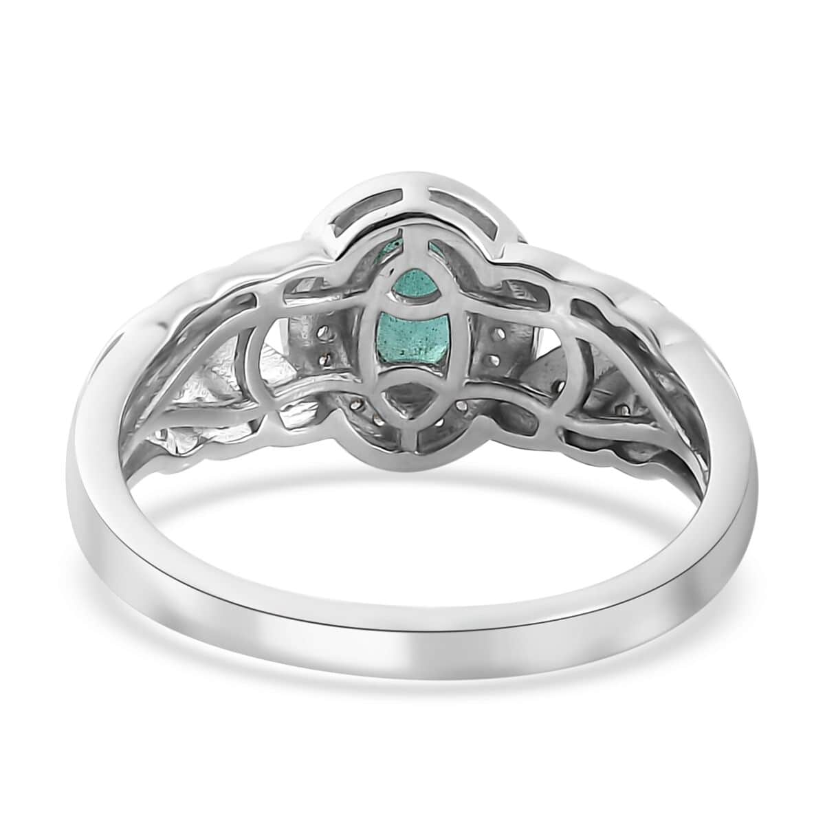 AAA Kagem Zambian Emerald and White Zircon Halo Ring in Platinum Over Sterling Silver (Size 9.0) 0.75 ctw image number 4