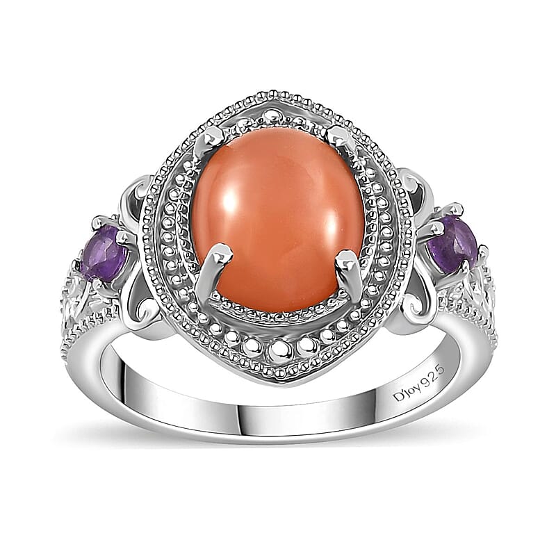 Peach Moonstone and African Amethyst Ring in Platinum Over Sterling Silver (Size 10.0) 4.40 ctw