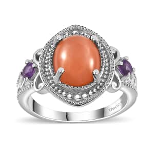 Peach Moonstone and African Amethyst Ring in Platinum Over Sterling Silver (Size 10.0) 4.40 ctw