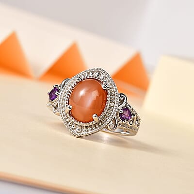 Peach Moonstone and African Amethyst Ring in Platinum Over Sterling Silver (Size 10.0) 4.40 ctw