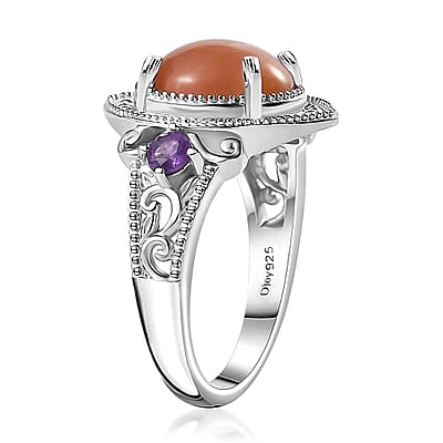Peach Moonstone and African Amethyst Ring in Platinum Over Sterling Silver (Size 10.0) 4.40 ctw