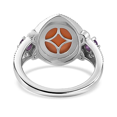 Peach Moonstone and African Amethyst Ring in Platinum Over Sterling Silver (Size 10.0) 4.40 ctw