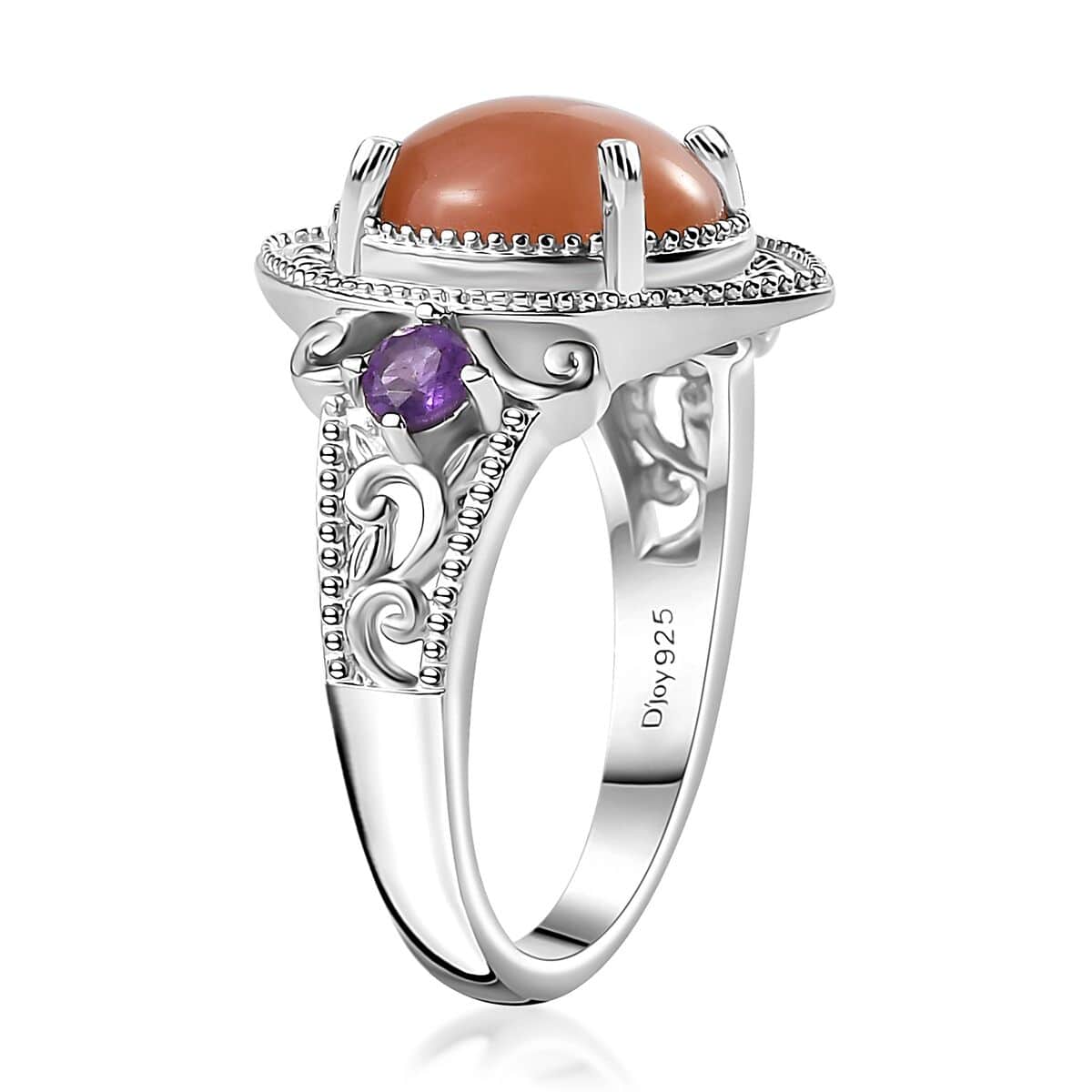 Peach Moonstone and African Amethyst Ring in Platinum Over Sterling Silver (Size 6.0) 4.40 ctw image number 3