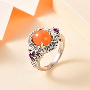 Peach Moonstone and African Amethyst Ring in Platinum Over Sterling Silver (Size 7.0) 4.40 ctw