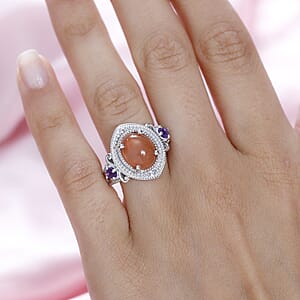 Peach Moonstone and African Amethyst Ring in Platinum Over Sterling Silver (Size 7.0) 4.40 ctw