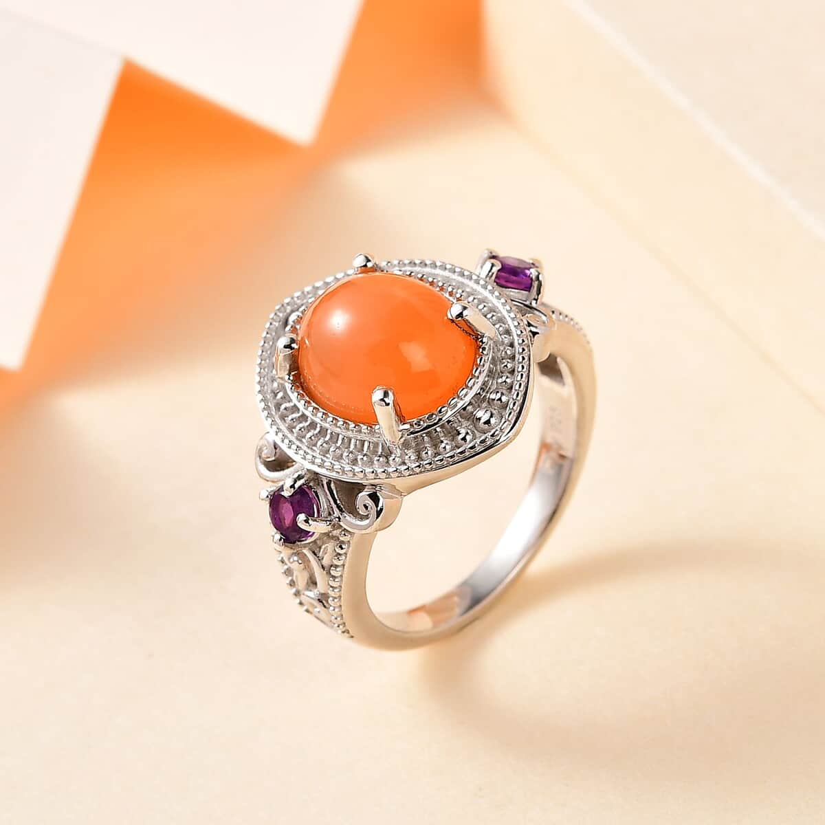 Peach Moonstone and African Amethyst Ring in Platinum Over Sterling Silver (Size 8.0) 4.40 ctw image number 1