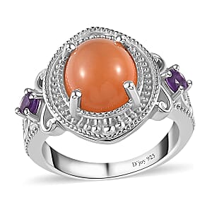 Peach Moonstone and African Amethyst Ring in Platinum Over Sterling Silver (Size 9.0) 4.40 ctw