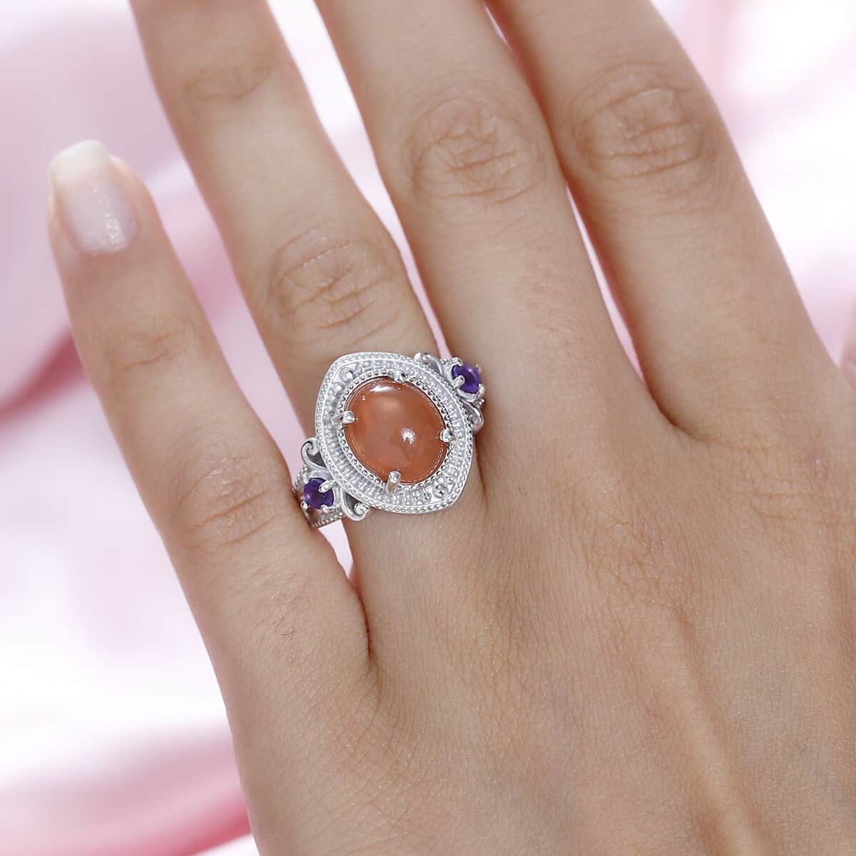 Peach Moonstone and African Amethyst Ring in Platinum Over Sterling Silver (Size 9.0) 4.40 ctw image number 2