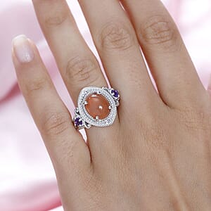 Peach Moonstone and African Amethyst Ring in Platinum Over Sterling Silver (Size 9.0) 4.40 ctw