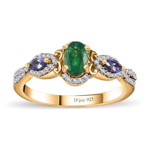 AAA Kagem Zambian Emerald and Multi Gemstone Ring in Rhodium and Vermeil Yellow Gold Over Sterling Silver (Size 6.0) 1.00 ctw