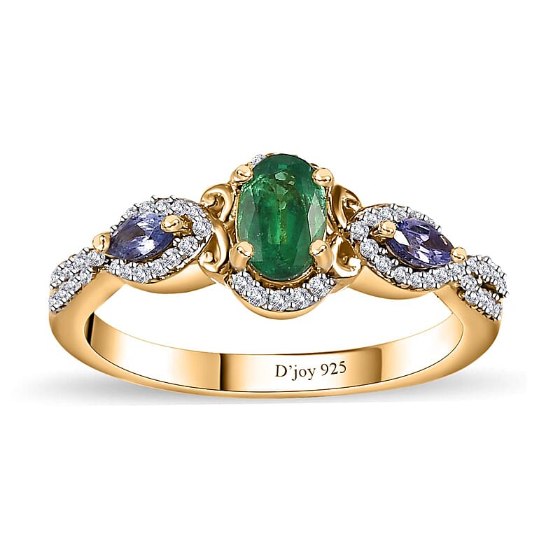 AAA Kagem Zambian Emerald and Multi Gemstone Ring in Rhodium and Vermeil Yellow Gold Over Sterling Silver (Size 6.0) 1.00 ctw