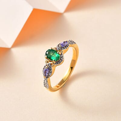 AAA Kagem Zambian Emerald and Multi Gemstone Ring in Rhodium and Vermeil Yellow Gold Over Sterling Silver (Size 6.0) 1.00 ctw