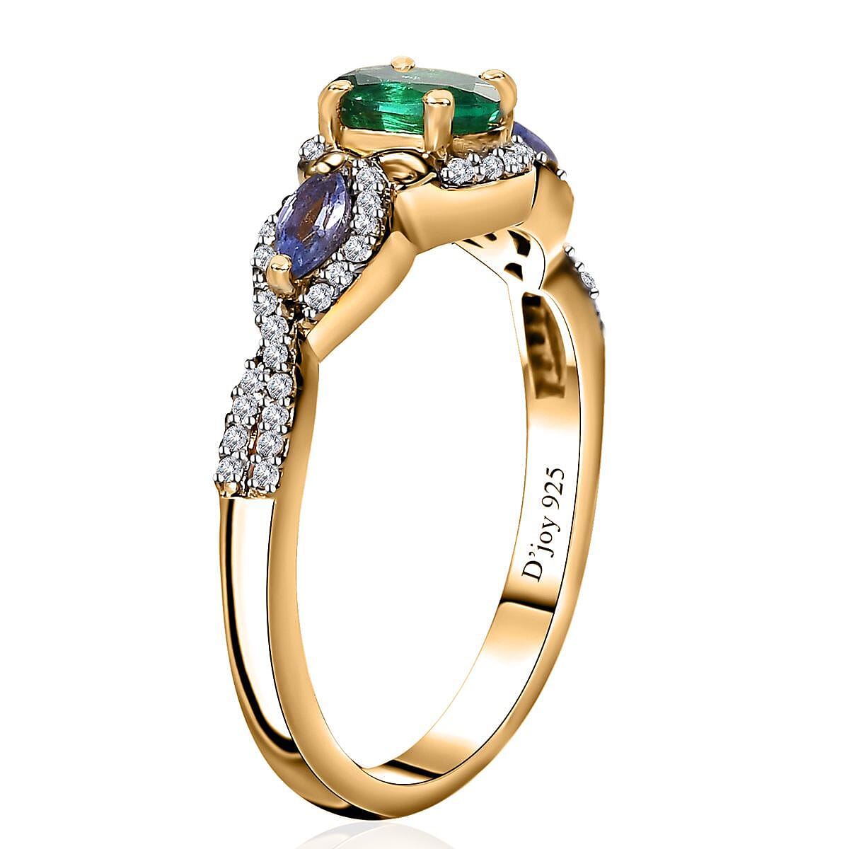 AAA Kagem Zambian Emerald and Multi Gemstone Ring in Rhodium and Vermeil Yellow Gold Over Sterling Silver (Size 6.0) 1.00 ctw