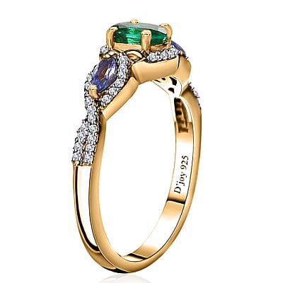 AAA Kagem Zambian Emerald and Multi Gemstone Ring in Rhodium and Vermeil Yellow Gold Over Sterling Silver (Size 6.0) 1.00 ctw
