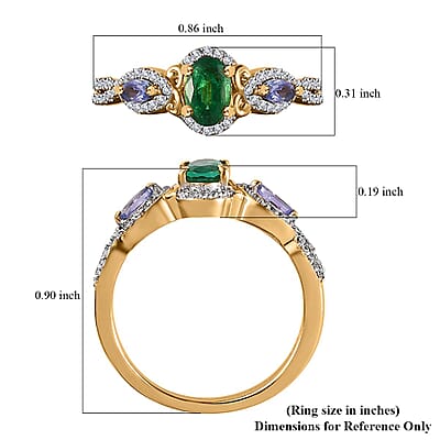 AAA Kagem Zambian Emerald and Multi Gemstone Ring in Rhodium and Vermeil Yellow Gold Over Sterling Silver (Size 6.0) 1.00 ctw