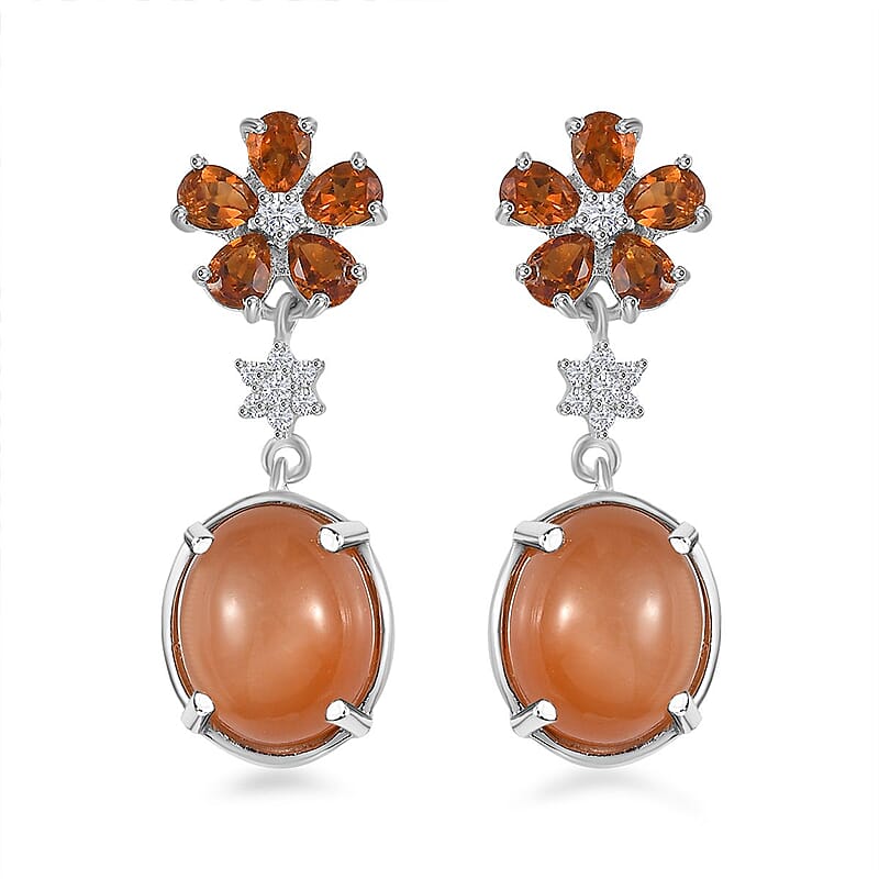 Peach Moonstone and Multi Gemstone Floral Earrings in Platinum Over Sterling Silver 9.40 ctw