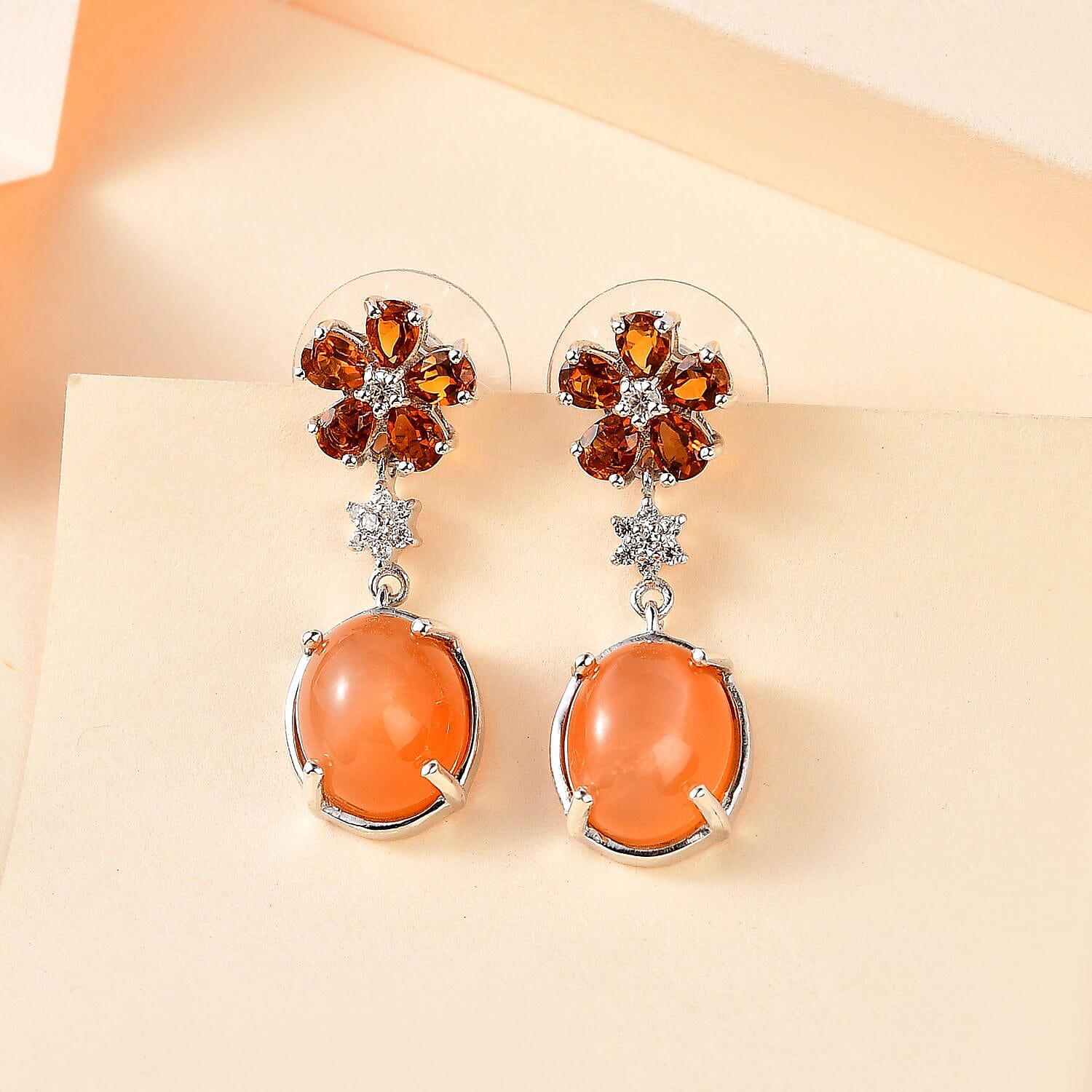 Peach Moonstone and Multi Gemstone Floral Earrings in Platinum Over Sterling Silver 9.40 ctw