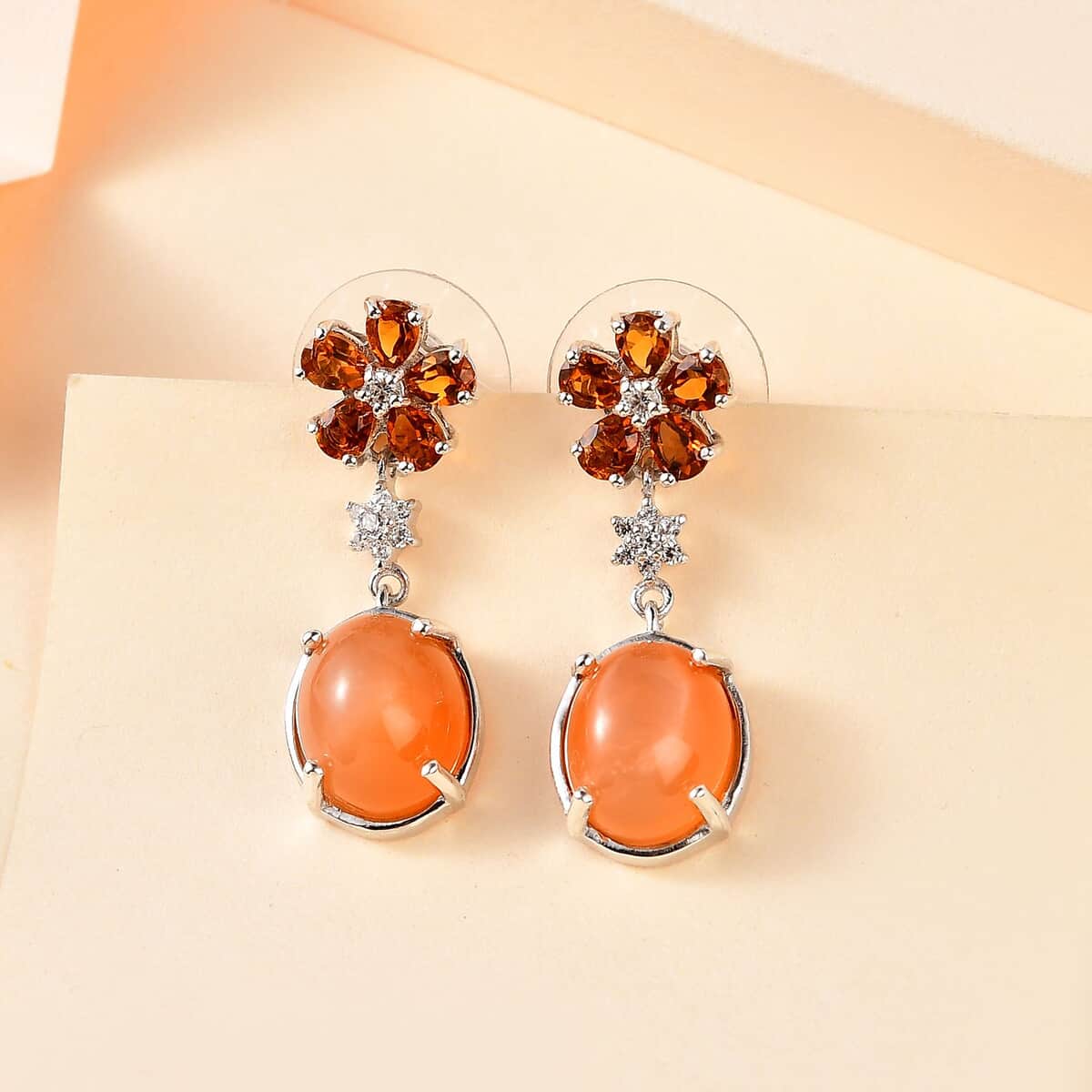 Peach Moonstone and Multi Gemstone Floral Earrings in Platinum Over Sterling Silver 9.40 ctw image number 1